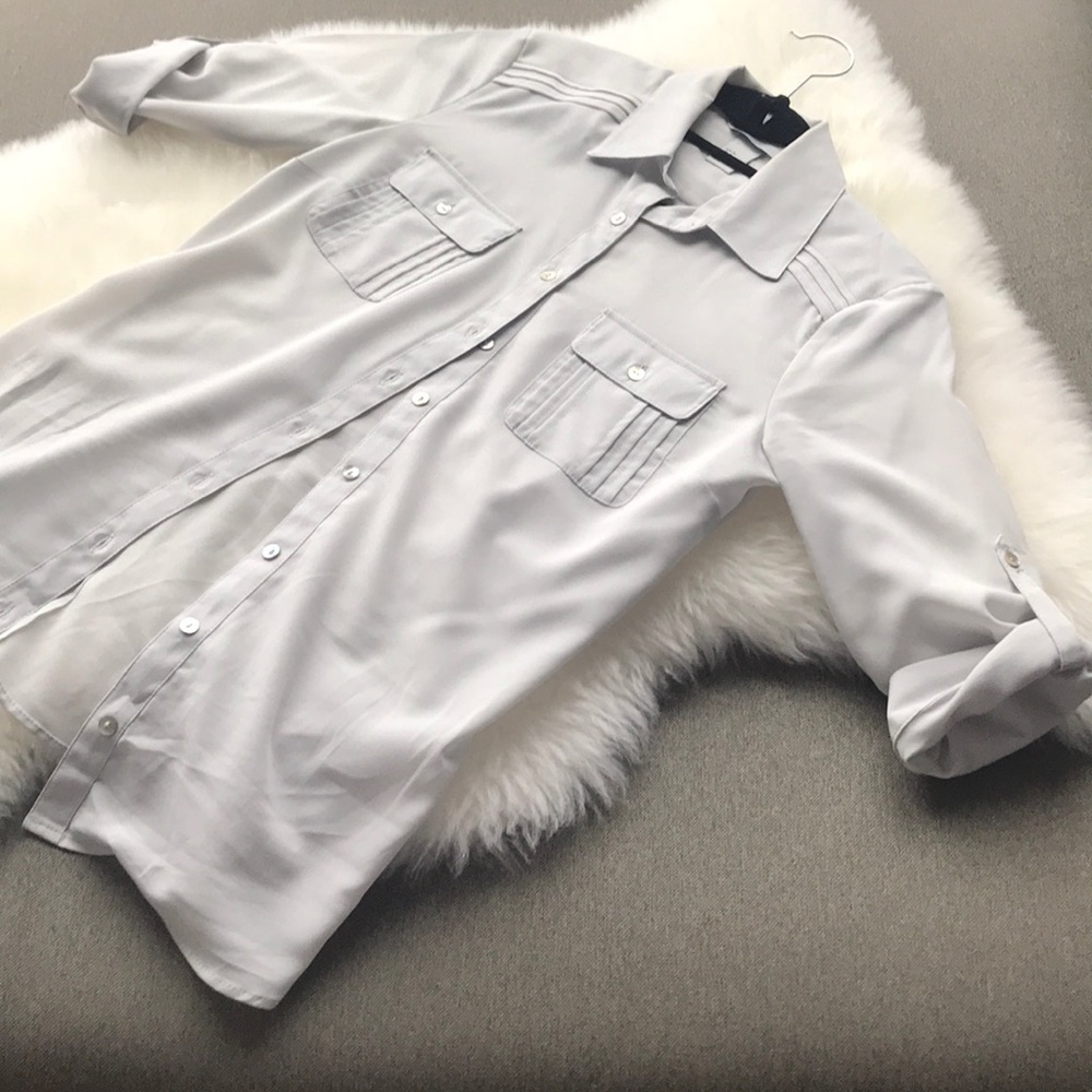 Light Grey Shell-Button Rolled Sleeve Blouse